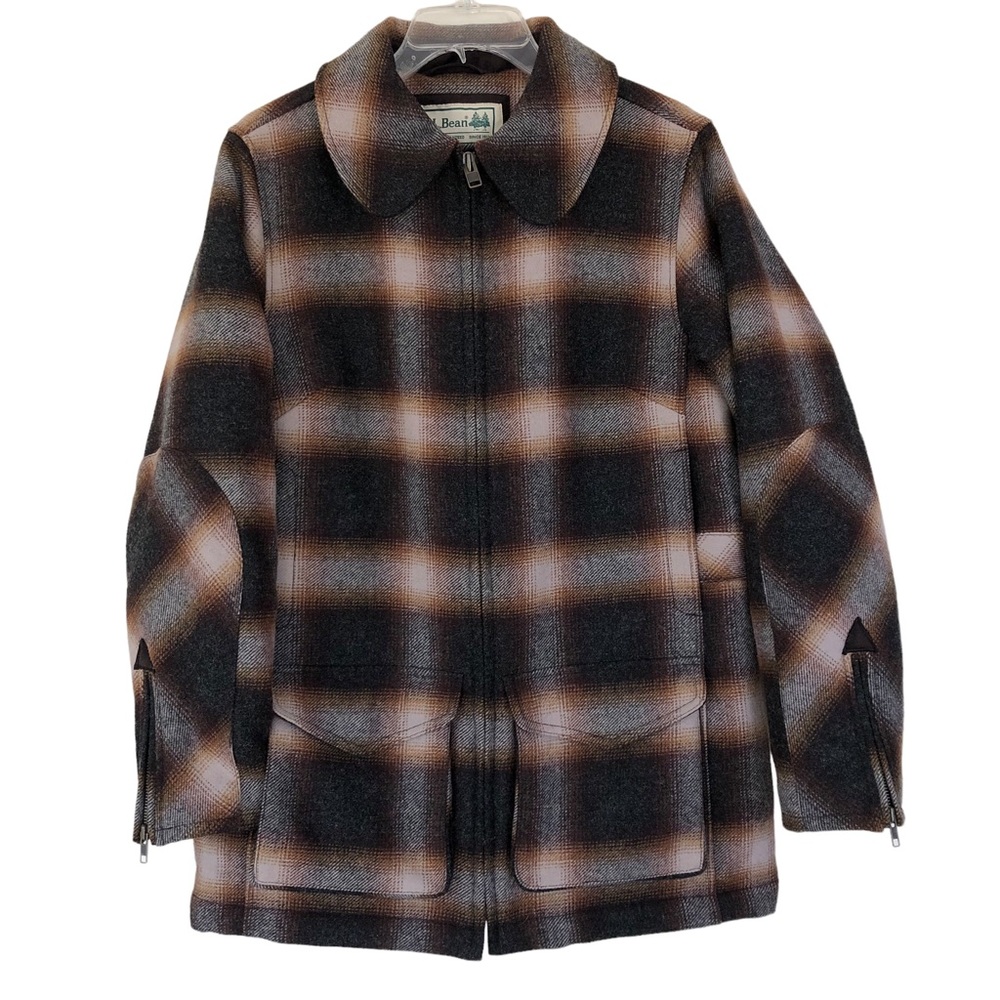 LL Bean Brown Plaid Check Maine Guide Wool Parka Coat Medium